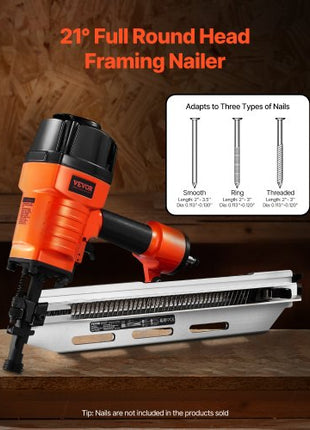 Framing Nailer, 80-120PSI Air Nail Gun, 2" to 3-1/2" 21 Degree Full Round Head Pneumatic Framing Nailer with Tool-Less Depth Adjustment & Dual Trigger Modes, Ideal for Framing Decking Flooring