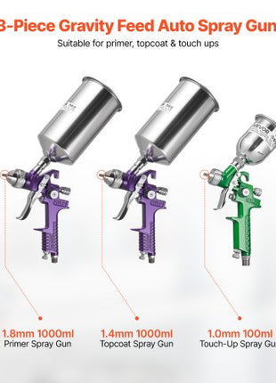 3-Piece Air Spray Gun Kit, Professional Auto Paint Spray Gun Set with 3 Nozzles (1/1.4/1.8mm), 3 Cups & Air Regulator, Gravity Feed Automotive Paint Sprayer for Primer, Topcoat & Touch-Up