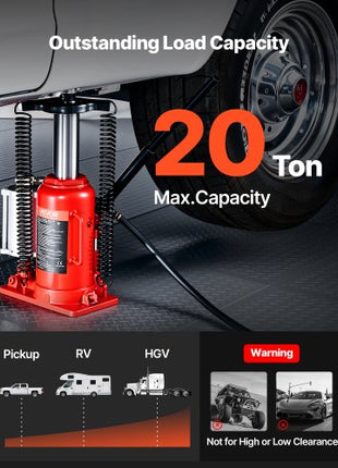 Air Hydraulic Bottle Jack, 20 Ton (44092 lbs) Capacity, 10.2-19.5 Inch Lifting Range, Pneumatic/Manual Heavy Duty Welded Bottle Jack with Pump for Car, SUV, Pickup, Truck, RV, Auto Repair, Red