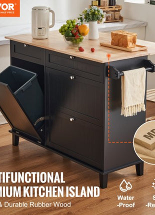 Kitchen Island Cart, 50" Wood Top Breakfast Bar with Trash Cabinet Tilt Out 10 Gallon Storage, Farmhouse Dining Living Room Table with Drop Leaf, Towel Bar, Drawer, Black