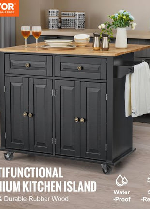 Kitchen Island Cart, 43" Wood Top Mobile Carts with Storage Cabinet, Rolling Table with Drop Leaf, Spice Rack, Towel Bar, Adjustable Shelf, Drawer, and Hooks, Portable Islands on Wheels, Black