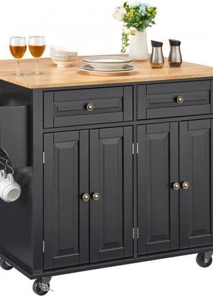 Kitchen Island Cart, 43" Wood Top Mobile Carts with Storage Cabinet, Rolling Table with Drop Leaf, Spice Rack, Towel Bar, Adjustable Shelf, Drawer, and Hooks, Portable Islands on Wheels, Black