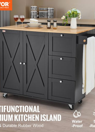 Kitchen Island Cart, 56" Wood Top Mobile Carts with Storage Cabinet, Rolling Table with Drop Leaf, Spice Rack, Towel Bar, Adjustable Shelf, Drawer, and Hooks, Portable Islands on Wheels, Black