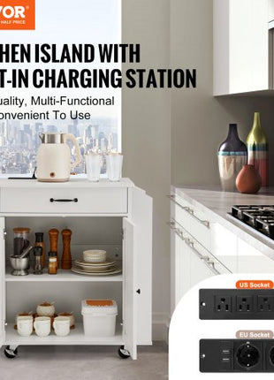 Kitchen Island Cart, 32" Mobile Carts with Storage Cabinet, Rolling Table with Power Outlet, Spice Rack, Towel Bar, Adjustable Shelf, Drawer, Dining Living Room Portable Islands on Wheels, White