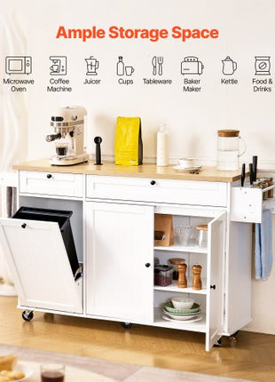 Kitchen Island Cart with Storage, 60in Wide Mobile Kitchen Cart with Wheels, Drop Leaf, 2 Drawers, Trash Can Cabinet, Knife Holder, Spice Rack, and Towel Rack, Table for Dining Room, Pantry