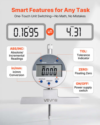 Depth Gauge, Depth Micrometer Digital Electronic Indicator 0-22 inch Measuring Range, 0.0005" Resolution, Precision Unit Conversion with 4 Anvils, Measuring Tool for Groove, Step, Hole