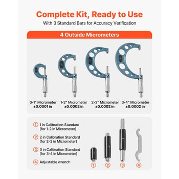 4 PCS Micrometer Set, 0-1"/1-2"/2-3"/3-4" Machinist Outside Micrometer, Ultra-Precision 0.0001 Accuracy, Professional Machinist Tools with Protective Case, for Metalworking & Engineering