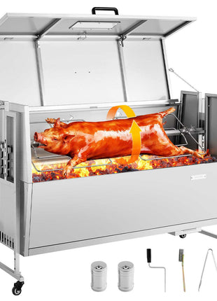 Rotisserie Grill 38W BBQ Outdoor Pig & Lamb Spit Roaster, Charcoal Spit Roaster with 132 LBS Capacity, Wheels & 4-Level Height, Stainless Steel Electric Rotisserie Grill Kit for Camping Outdoor