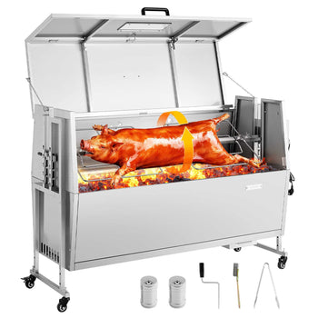 Rotisserie Grill 38W BBQ Outdoor Pig & Lamb Spit Roaster, Charcoal Spit Roaster with 132 LBS Capacity, Wheels & 4-Level Height, Stainless Steel Electric Rotisserie Grill Kit for Camping Outdoor