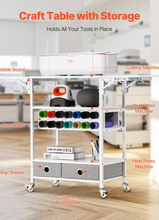 Rolling Craft Cart and Storage Table, Compatible with Cricut Machines, Collapsible Cricut Table with Foldable Sides, Craft Rolling Storage Organizer with 14 Vinyl Roll Holders and 2 Drawers