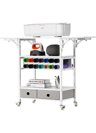 Rolling Craft Cart and Storage Table, Compatible with Cricut Machines, Collapsible Cricut Table with Foldable Sides, Craft Rolling Storage Organizer with 14 Vinyl Roll Holders and 2 Drawers