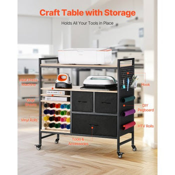 Rolling Craft Cart and Storage Table, Compatible with Cricut Machines, Crafting Table Organization Workstation, Craft Rolling Storage Organizer with 20 Vinyl Roll Holders and 3 Drawers, Black