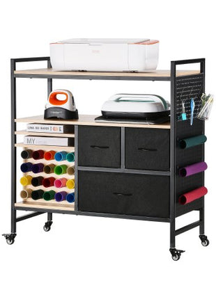 Rolling Craft Cart and Storage Table, Compatible with Cricut Machines, Crafting Table Organization Workstation, Craft Rolling Storage Organizer with 20 Vinyl Roll Holders and 3 Drawers, Black