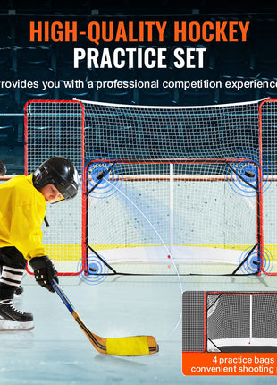 Hockey Goal with Backstop and Targets, Street Steel Hockey Net, 72" Pro Hockey Training Goal Set, Portable Indoor Outdoor Hockey Goal with Net, Easy Assemble, White/Red