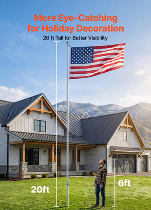 Flag Pole, 20ft Heavy Duty Sectional Flagpole Kit for Outside House In Ground, Extra Thick Outdoor Aluminum Flagpole Kit with 3x5 American Flag for Yard, Residential or Commercial Use, Silver