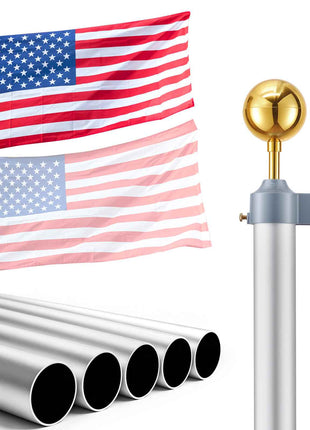 Flag Pole, 20ft Heavy Duty Sectional Flagpole Kit for Outside House In Ground, Extra Thick Outdoor Aluminum Flagpole Kit with 3x5 American Flag for Yard, Residential or Commercial Use, Silver