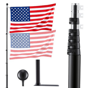 Flag Pole, 20ft Heavy Duty Telescopic Flagpole Kit with Mounting Base for Vehicles, Extra Thick Outdoor Aluminum Flagpole Kit with 3x5 American Flag for Sedans, Pickups, RVs, Food Trucks, Black
