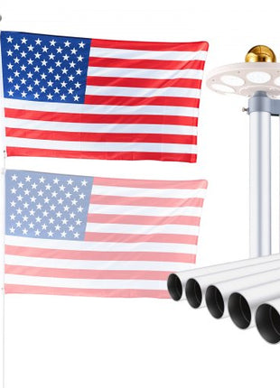 Flag Pole, 25ft Heavy Duty Sectional Flagpole Kit with 136 LED Solar Light for Outside House In Ground, Outdoor Aluminum Flagpole with 3x5 American Flag for Yard, Residential, Commercial, Silver