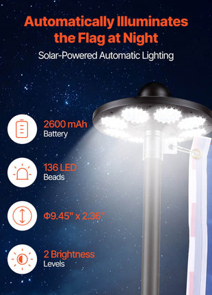 Flag Pole, 25ft Heavy Duty Telescopic Flagpole Kit with 136 LED Solar Light for Outside House In Ground, Outdoor Aluminum Flagpole with 3x5 American Flag for Yard, Residential, Commercial, Black