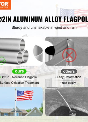 30FT Telescoping Flag pole Kit, Heavy Duty Aluminum Alloy in Ground Flag Poles for Outside, 3 Display Modes Flagpole with 3x5 American Flag, Professional Accessories, Silver