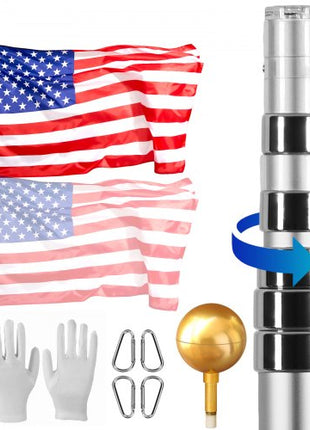 30FT Telescoping Flag pole Kit, Heavy Duty Aluminum Alloy in Ground Flag Poles for Outside, 3 Display Modes Flagpole with 3x5 American Flag, Professional Accessories, Silver