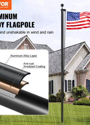 20FT Sectional Flag pole Kit, Heavy Duty Aluminum Alloy in Ground Flag poles for Outside, 3 Display Modes Flagpole with 3x5 American Flag, Professional Accessories, Black