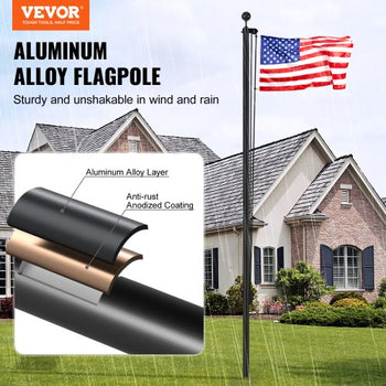 20FT Sectional Flag pole Kit, Heavy Duty Aluminum Alloy in Ground Flag poles for Outside, 3 Display Modes Flagpole with 3x5 American Flag, Professional Accessories, Black
