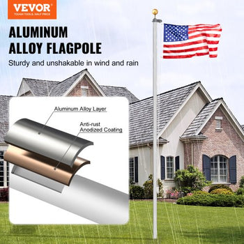 25FT Sectional Flag pole Kit, Heavy Duty Aluminum Alloy in Ground Flag poles for Outside, 3 Display Modes Flagpole with 3x5 American Flag, Professional Accessories, Silver