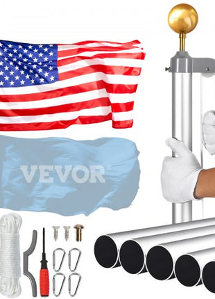 20FT Sectional Flag pole Kit, Heavy Duty Aluminum Alloy in Ground Flag poles for Outside, 3 Display Modes Flagpole with 3x5 American Flag, Professional Accessories, Silver