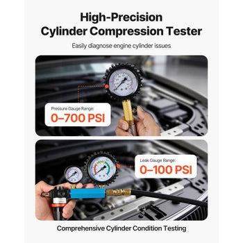 Engine Cylinder Compression Tester Kit, 0-700 PSI Pressure Gauge & 0-100 PSI Leak Gauge, Automotive Leak Down Tester Kit with 4 Adapters, Pressure Check & Leakage Rate Test on Cars, Motorcycles