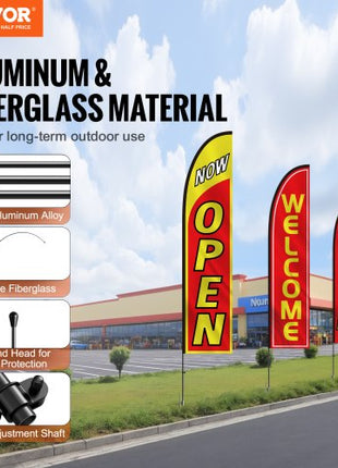 Open Flags with Pole Kit, Advertising Flags for Business Outside, Advertising Feather Flag Kit, 3 Flags (Open, Look, Welcome), 3 Poles, 3 Ground Stakes, Swooper Flags for Businesses 16.3 FT