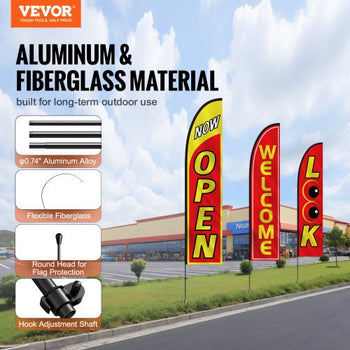 Open Flags with Pole Kit, Advertising Flags for Business Outside, Advertising Feather Flag Kit, 3 Flags (Open, Look, Welcome), 3 Poles, 3 Ground Stakes, Swooper Flags for Businesses 16.3 FT
