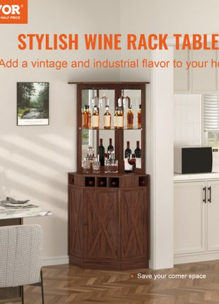 Corner Industrial Bar Cabinet, Wine Table for Liquor & Glasses, Sideboard Buffet Cabinet with Glass Holder, Freestanding Farmhouse Wood Coffee Bar Cabinet for Living Room, Home Bar, Black Walnut