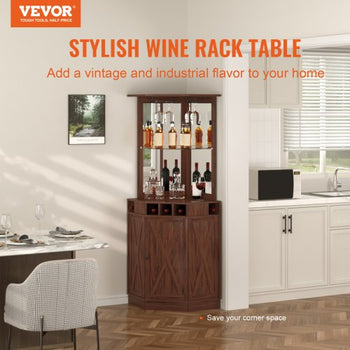 Corner Industrial Bar Cabinet, Wine Table for Liquor & Glasses, Sideboard Buffet Cabinet with Glass Holder, Freestanding Farmhouse Wood Coffee Bar Cabinet for Living Room, Home Bar, Black Walnut