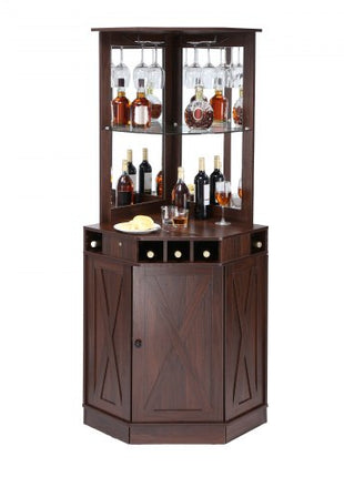 Corner Industrial Bar Cabinet, Wine Table for Liquor & Glasses, Sideboard Buffet Cabinet with Glass Holder, Freestanding Farmhouse Wood Coffee Bar Cabinet for Living Room, Home Bar, Black Walnut