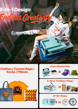Hybrid Heat Press, 15 x 15 inch, 8-in-1 Multifunction, Heat Up Fast and Even, All-New Patented Design, Easy to Control, Sublimation Press Machine for T-shirts/Tumblers/Caps/Plates, Light Green