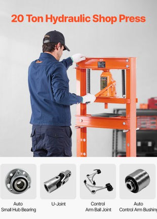 Hydraulic Shop Press, 20 T H-Frame Shop Press with Press Plate & Triangular Support, Stable Garage Floor Adjustable Hydraulic Press with Relief Valve, Fit for Bending, Straightening & Stamping