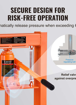 Orange hydraulic bottle jack with secure design, automatic pressure release, for loads up to 6 tons.