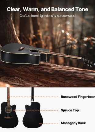 Cutway Acoustic Guitar, 41 in, 6-String Black Solid Spruce Top Guitar, Beginner Bundle with Gig Bag, Tuner, Strap, Strings, Picks, Capo, Rosewood Fingerboard, for Adult Fingerstyle Solo Jazz