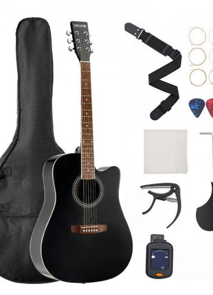 Cutway Acoustic Guitar, 41 in, 6-String Black Solid Spruce Top Guitar, Beginner Bundle with Gig Bag, Tuner, Strap, Strings, Picks, Capo, Rosewood Fingerboard, for Adult Fingerstyle Solo Jazz