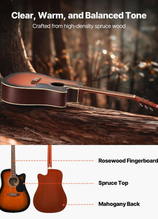 41 in Cutway Acoustic Guitar, 6-String, Sunburst Solid Spruce Top Guitar, Beginner Bundle with Gig Bag, Tuner, Strap, Steel Strings, Picks, Capo, Rosewood Fingerboard, for Fingerstyle Solo Jazz