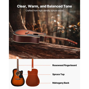 41 in Cutway Acoustic Guitar, 6-String, Sunburst Solid Spruce Top Guitar, Beginner Bundle with Gig Bag, Tuner, Strap, Steel Strings, Picks, Capo, Rosewood Fingerboard, for Fingerstyle Solo Jazz