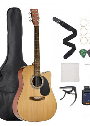 Cutway Acoustic Guitar, 41 in, 6-String, Natural Solid Spruce Top Guitar, Beginner Bundle with Gig Bag, Tuner, Strap, Steel Strings, Picks, Capo, Rosewood Fingerboard, for Fingerstyle Solo Jazz