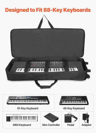 61 Key Keyboard Case, 40.9 x 16.9 x 5.1 in Interior, Padded Rolling Piano Case with Wheels, Sturdy Handle, 3-Pocket Storage, Gig Bag with Smooth Wheels, for 88 Note Keyboards and Electric Pianos