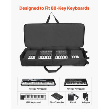 61 Key Keyboard Case, 40.9 x 16.9 x 5.1 in Interior, Padded Rolling Piano Case with Wheels, Sturdy Handle, 3-Pocket Storage, Gig Bag with Smooth Wheels, for 88 Note Keyboards and Electric Pianos