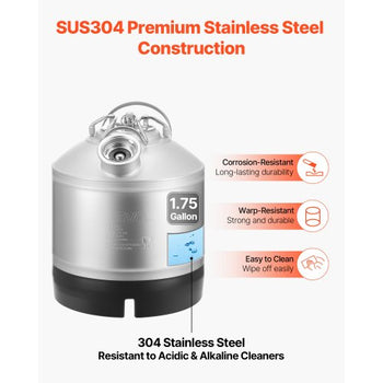 Cleaning Keg, 1.75 Gallon/6.5L Keg Line Cleaning Kit with D Coupler Connection & Rubber Base, Beer Lines Cleaner Used for Beer Line Cleaning, 304Stainless Steel Kegerator Beers Lines Cleaner Kit