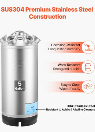 Cleaning Keg, 5 Gallon/19L Keg Line Cleaning Kit with 4 D Coupler Connections & Rubber Base, Beer Lines Cleaner Used for Beer Line Cleaning, 304 Stainless Steel Kegerator Beers Lines Cleaner Kit