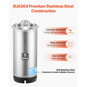 Cleaning Keg, 5 Gallon/19L Keg Line Cleaning Kit with 4 D Coupler Connections & Rubber Base, Beer Lines Cleaner Used for Beer Line Cleaning, 304 Stainless Steel Kegerator Beers Lines Cleaner Kit