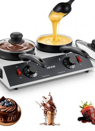 Chocolate Melting Pot - 2 x 1 QT Pots, 86℉ - 185℉ Choc Warm Machine, 80W Even Cheese Melter, 2 Knobs Temp Control, 2 Ceramic Coated Pots, Electric Warmer for Mulled Milk Candy, Commercial & Home