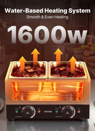 2-Temp Knob Chocolate Melting Machine, 2 Tanks 17.6 Lbs Choc Melter, 1600W Power, Independent Temp Control, Water Bath Heat System, Stainless Steel, 86℉ - 185℉, Cheese Warmer, Commercial & Home